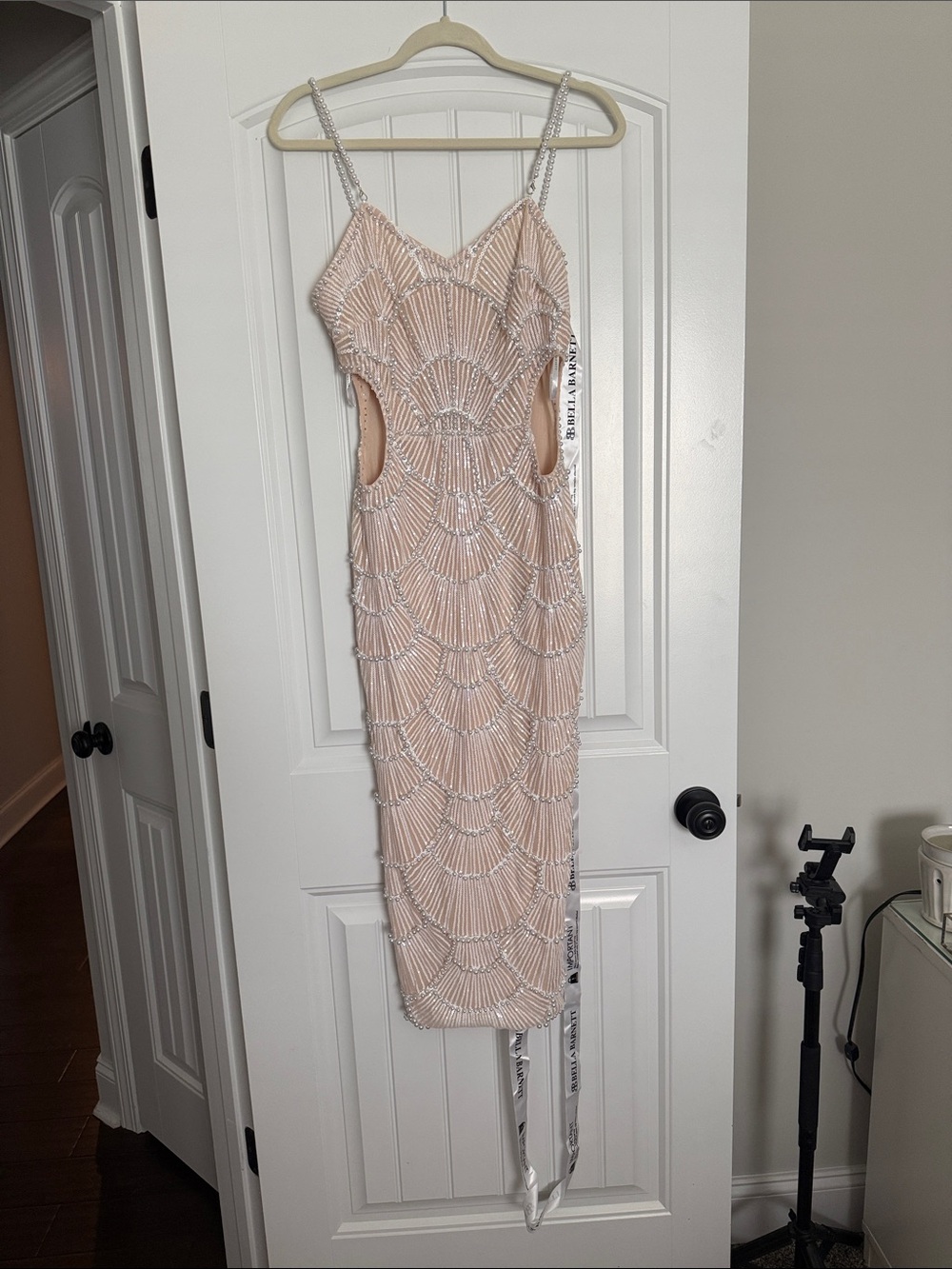 Embellished Nude Pink Midi Dress with Cutouts